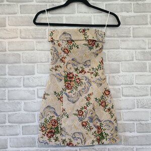 Edikted Floral Tapestry Lace-Up Back Strapless Minidress XS NEW Coquette Feminin
